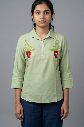 Light green floral embroidered short kurti
