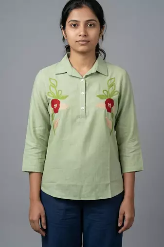 Light green floral embroidered short kurti
