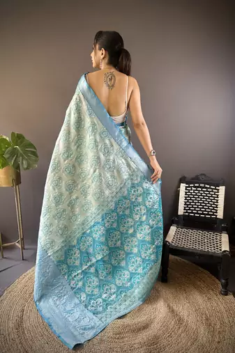mint tissue silk blend kanjeevaram zari woven saree with unstitched blouse piece.