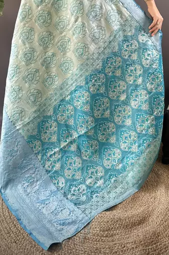 mint tissue silk blend kanjeevaram zari woven saree with unstitched blouse piece.