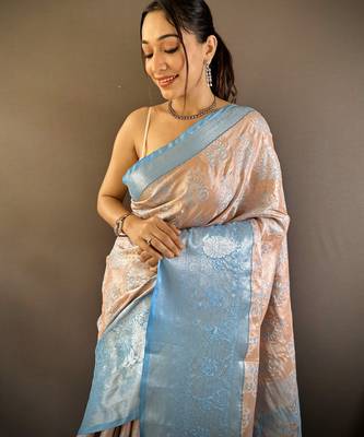 peach tissue silk blend kanjeevaram zari woven saree with unstitched blouse piece. 1