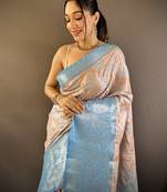 peach tissue silk blend kanjeevaram zari woven saree with unstitched blouse piece.