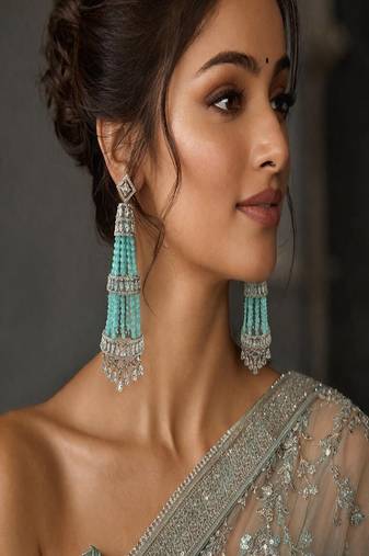 Mint green chandelier earrings, silver cz indian bridal jewelry