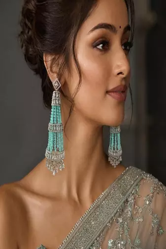 Mint green chandelier earrings, silver cz indian bridal jewelry