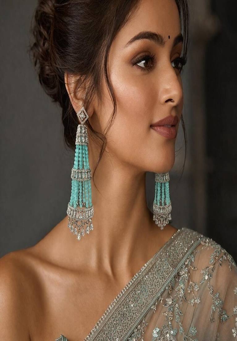 Mint green chandelier earrings, silver cz indian bridal jewelry