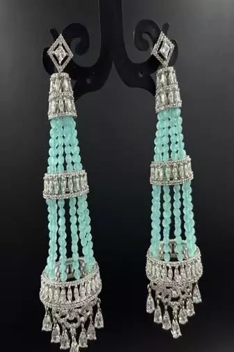 Mint green chandelier earrings, silver cz indian bridal jewelry