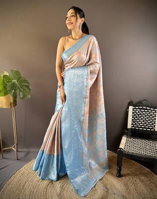 peach tissue silk blend kanjeevaram zari woven saree with unstitched blouse piece. 2