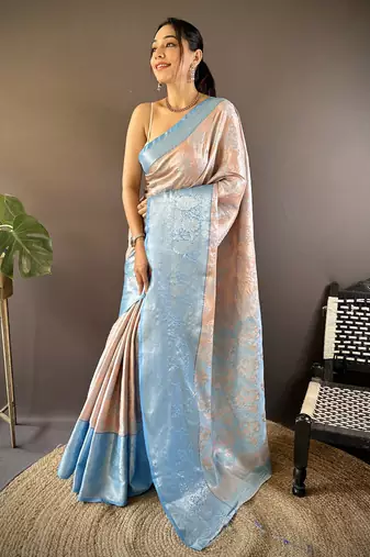 peach tissue silk blend kanjeevaram zari woven saree with unstitched blouse piece.