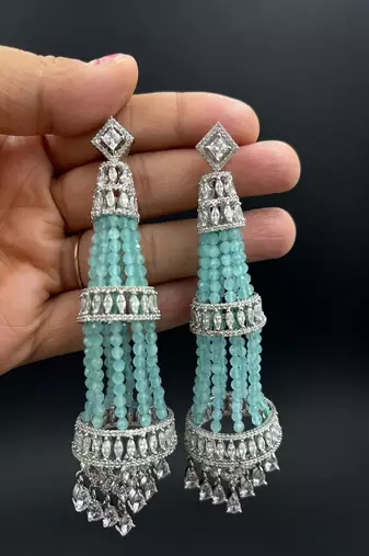 Mint green chandelier earrings, silver cz indian bridal jewelry