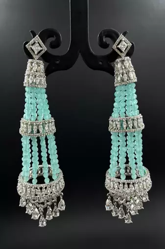 Mint green chandelier earrings, silver cz indian bridal jewelry