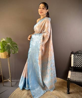 peach tissue silk blend kanjeevaram zari woven saree with unstitched blouse piece. 3