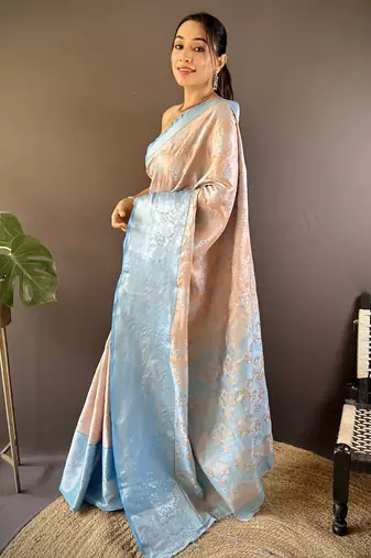 peach tissue silk blend kanjeevaram zari woven saree with unstitched blouse piece.