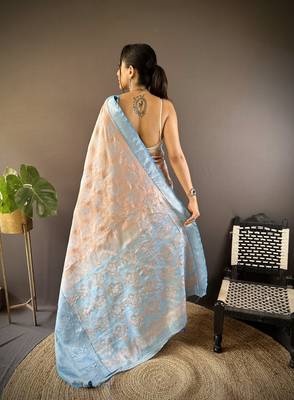 peach tissue silk blend kanjeevaram zari woven saree with unstitched blouse piece. 4