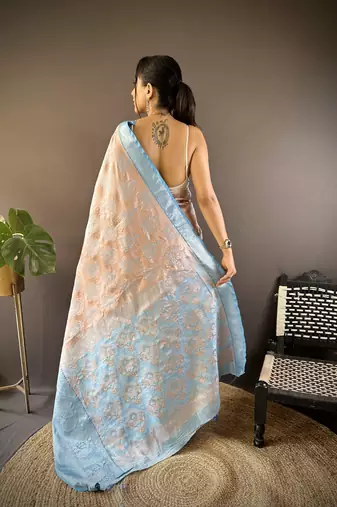 peach tissue silk blend kanjeevaram zari woven saree with unstitched blouse piece.