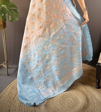 peach tissue silk blend kanjeevaram zari woven saree with unstitched blouse piece. 5