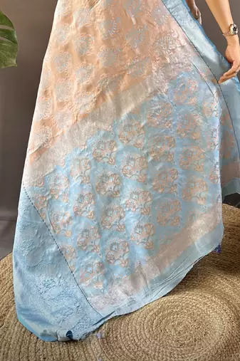 peach tissue silk blend kanjeevaram zari woven saree with unstitched blouse piece.
