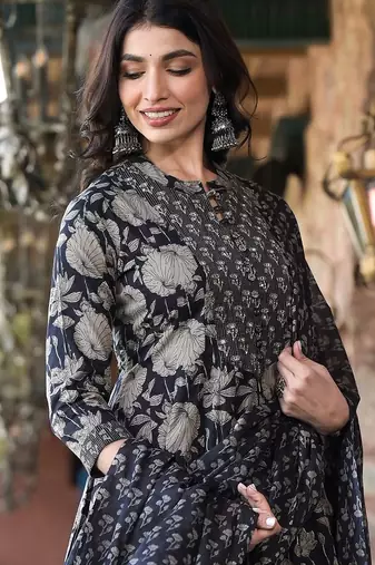 Black Floral Printed  Cotton Anarkali Kurta With Trousers & Dupatta