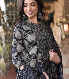 Black Floral Printed Pure Cotton Anarkali Kurta With Trousers & Dupatta