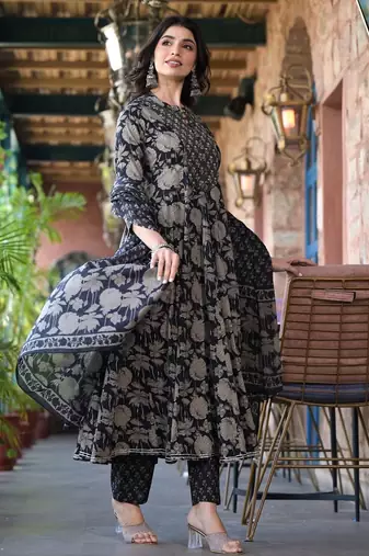 Black Floral Printed  Cotton Anarkali Kurta With Trousers & Dupatta