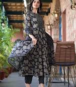 Black Floral Printed  Cotton Anarkali Kurta With Trousers & Dupatta