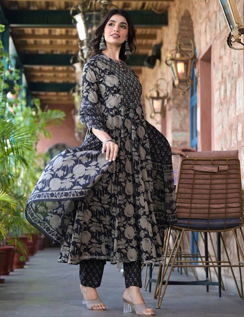 Black Floral Printed Pure Cotton Anarkali Kurta With Trousers & Dupatta