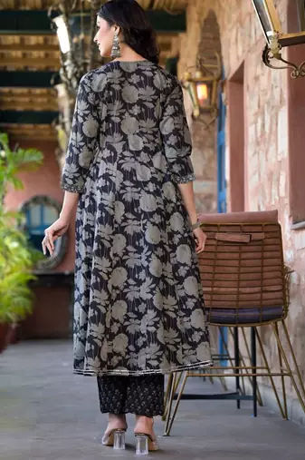 Black Floral Printed  Cotton Anarkali Kurta With Trousers & Dupatta