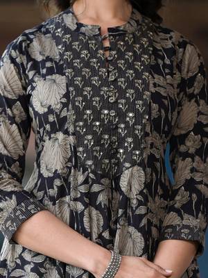 Black Floral Printed  Cotton Anarkali Kurta With Trousers & Dupatta 4