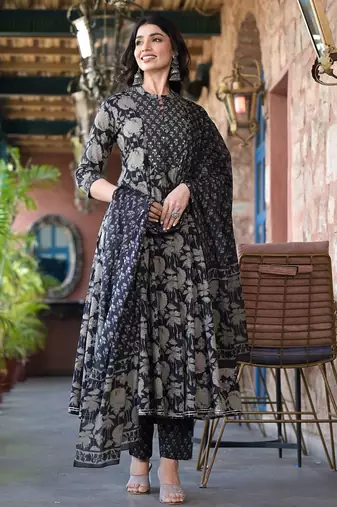 Black Floral Printed  Cotton Anarkali Kurta With Trousers & Dupatta