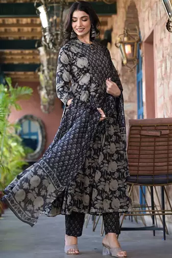 Black Floral Printed  Cotton Anarkali Kurta With Trousers & Dupatta