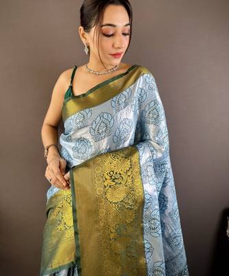sky blue tissue silk blend kanjeevaram zari woven saree with unstitched blouse piece. 1