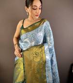sky blue tissue silk blend kanjeevaram zari woven saree with unstitched blouse piece.