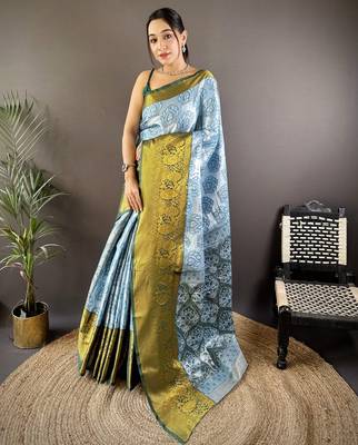sky blue tissue silk blend kanjeevaram zari woven saree with unstitched blouse piece. 2