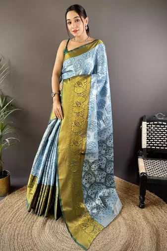 sky blue tissue silk blend kanjeevaram zari woven saree with unstitched blouse piece.