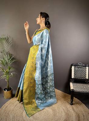 sky blue tissue silk blend kanjeevaram zari woven saree with unstitched blouse piece. 3