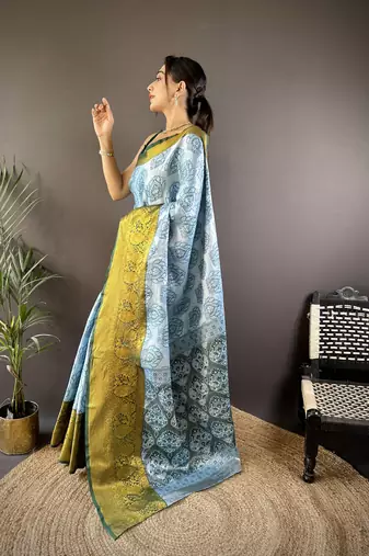 sky blue tissue silk blend kanjeevaram zari woven saree with unstitched blouse piece.