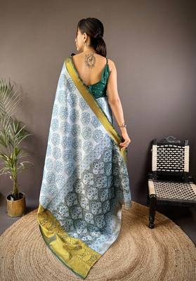sky blue tissue silk blend kanjeevaram zari woven saree with unstitched blouse piece. 4