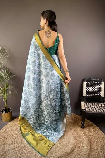 sky blue tissue silk blend kanjeevaram zari woven saree with unstitched blouse piece.