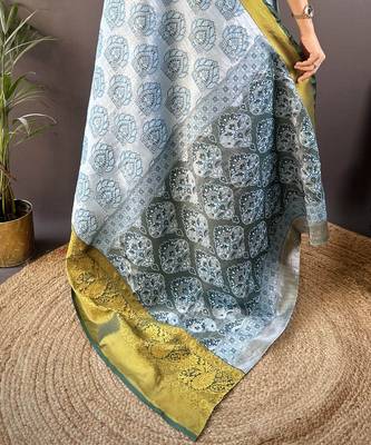 sky blue tissue silk blend kanjeevaram zari woven saree with unstitched blouse piece. 5