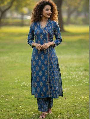 Women Ethnic Motifs Printed Angrakha  Cotton Kurta with Trousers 1