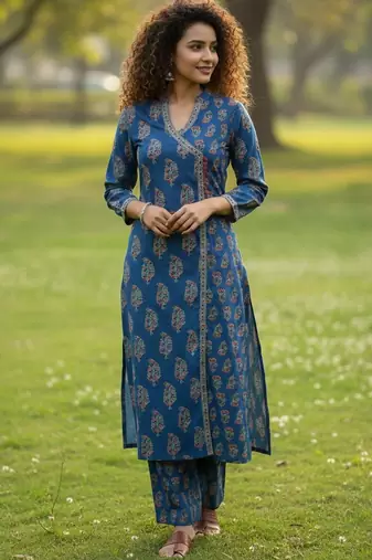 Women Ethnic Motifs Printed Angrakha Pure Cotton Kurta with Trousers
