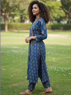 Women Ethnic Motifs Printed Angrakha  Cotton Kurta with Trousers 2