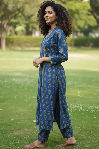 Women Ethnic Motifs Printed Angrakha Pure Cotton Kurta with Trousers