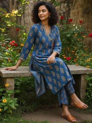 Women Ethnic Motifs Printed Angrakha  Cotton Kurta with Trousers 3