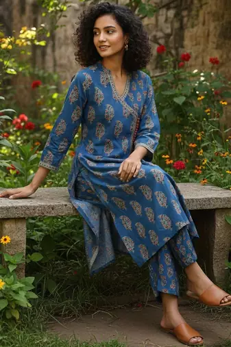 Women Ethnic Motifs Printed Angrakha Pure Cotton Kurta with Trousers