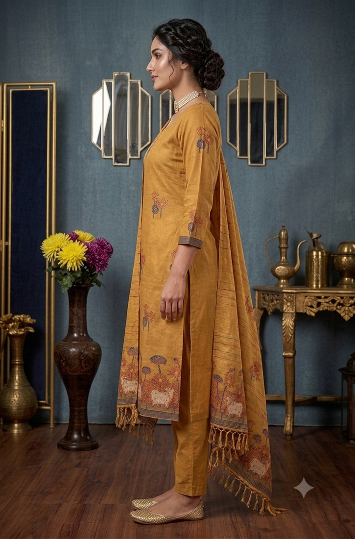Gold handwoven jamdani cotton suit
