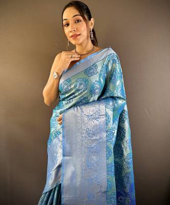 teal tissue silk blend kanjeevaram zari woven saree with unstitched blouse piece. 1