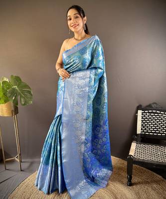 teal tissue silk blend kanjeevaram zari woven saree with unstitched blouse piece. 2