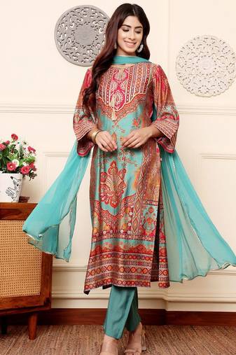 Ethnic Motifs Printed Chanderi Silk Kurta With Trousers And Dupatta