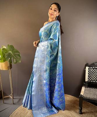 teal tissue silk blend kanjeevaram zari woven saree with unstitched blouse piece. 3