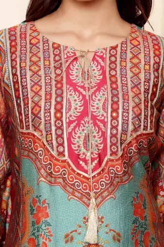 Ethnic Motifs Printed Chanderi Silk Kurta With Trousers And Dupatta